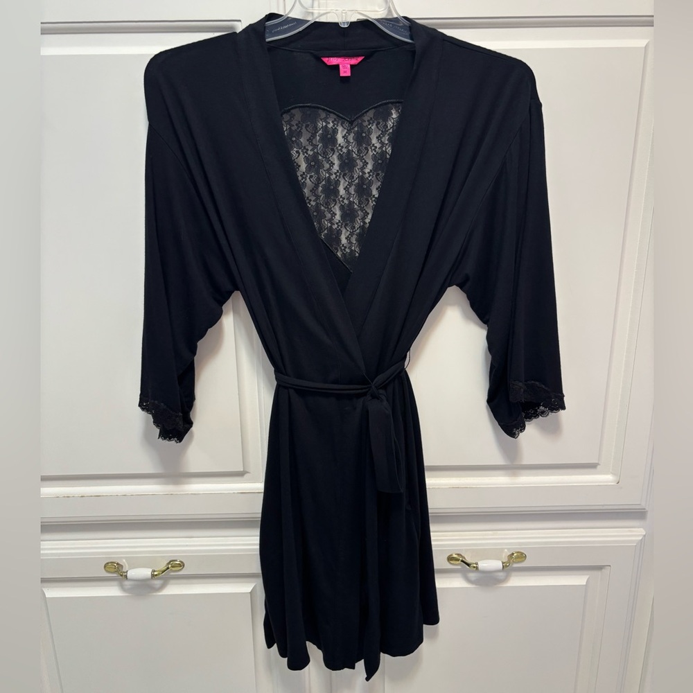 Betsey Johnson 3/4 Sleeve Kimono Heart Lace Robe Black Women’s Size M